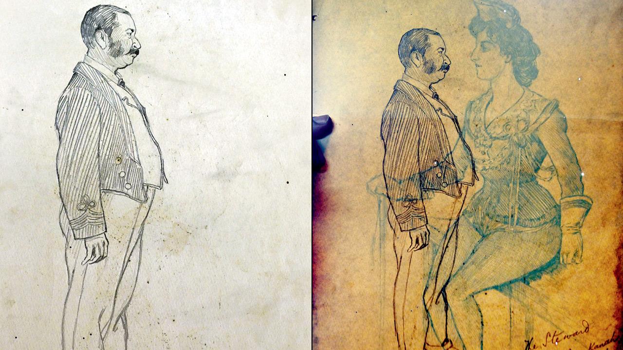 Reverse side of the paper with a lady and an unfinished sketch of the steward (top) Sketch of the steward. Pics/Ashish Raje