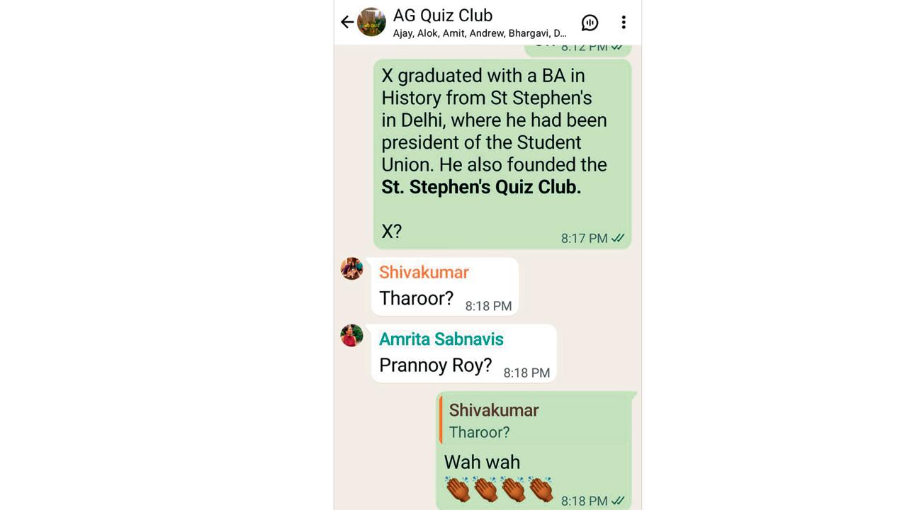 (Left) A screengrab of Ashoka Garden’s WhatsApp quizzing group. Pic Courtesy/ Shankar Krishnan