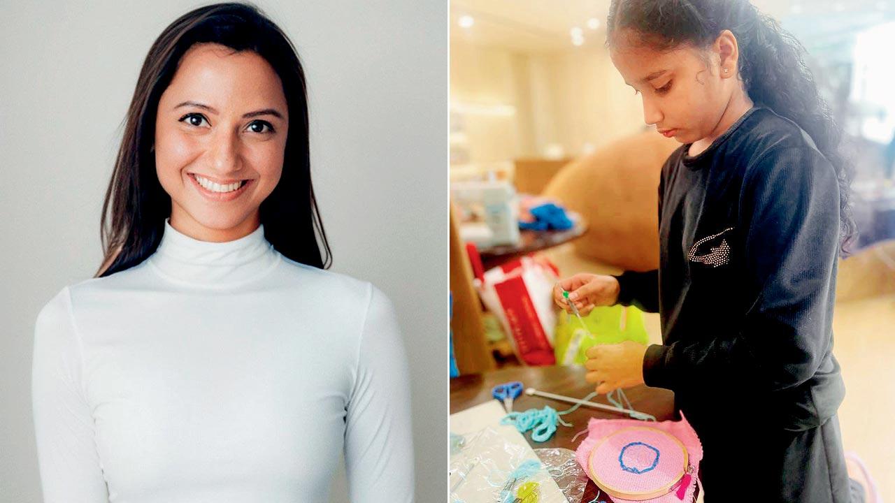 Amaara Sangam; (right) A young participant designs an embroidery at a workshop