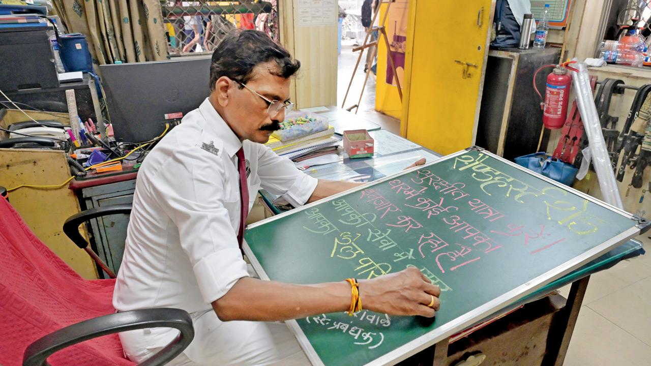 With quiet focus, Shewale writes out the day’s thought — a habit that has turned into a heartfelt ritual for Mumbai’s rail users