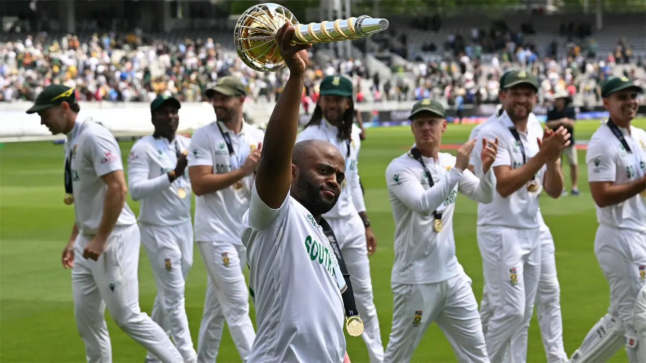 South Africa captain Temba Bavuma holds the ICC World Test Championship Mace after winning the World Test Championship final at Lord's, London, on June 14, 2025. Pic/AFP