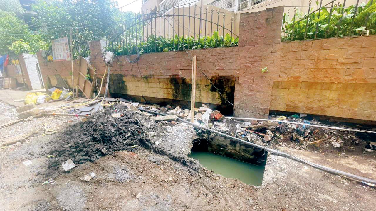 A drain on the premises that was still filled to the brim with rainwater on Tuesday. Pic/JAYA GOYAL