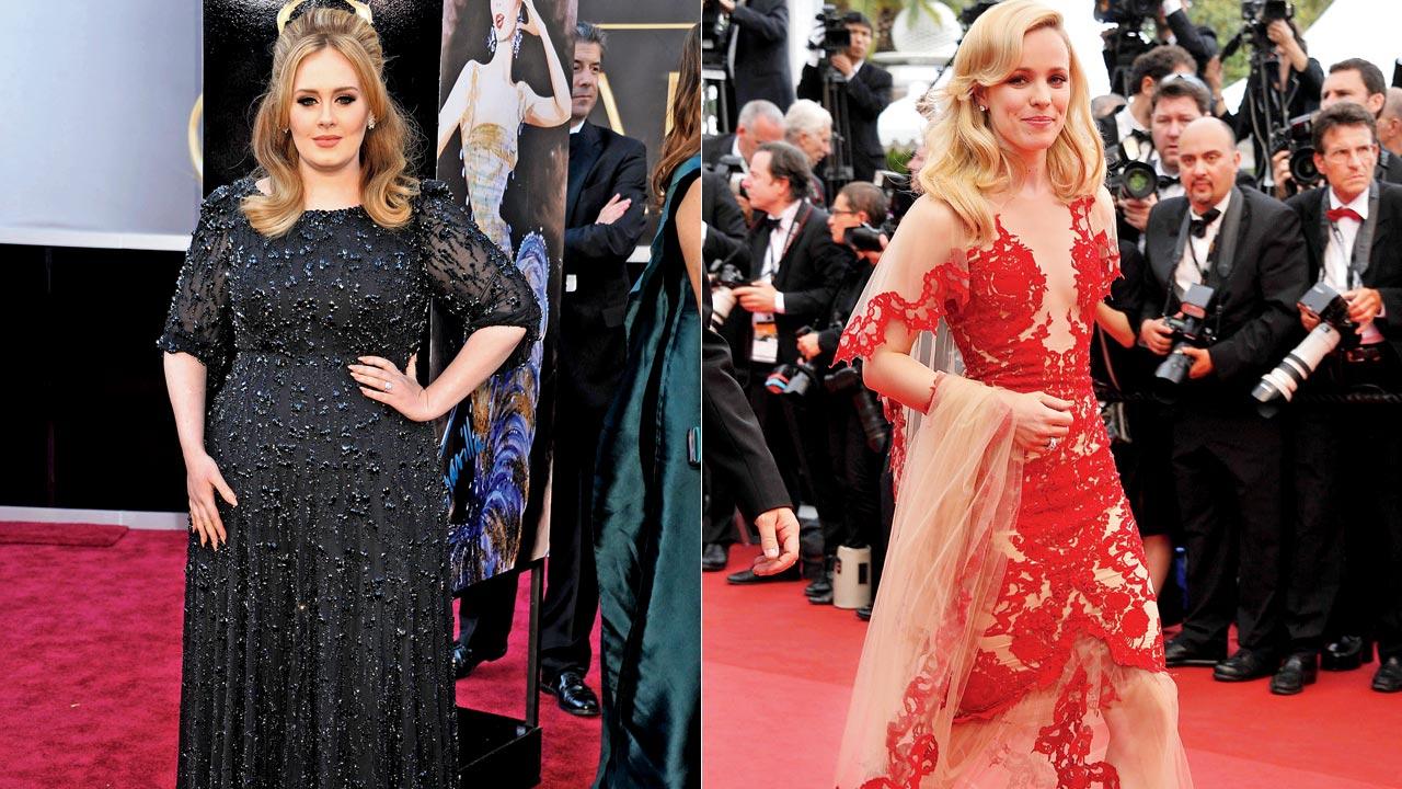 Adele wears a gown by Jenny Packham at Oscars in 2013, which was produced at Chhitra Gidwani’s Mumbai workshop. Pic/Getty Images; (right) Rachel McAdams’s Marchesa dress was embroidered and stitched in Mumbai by Karleo. Pic/Getty Images