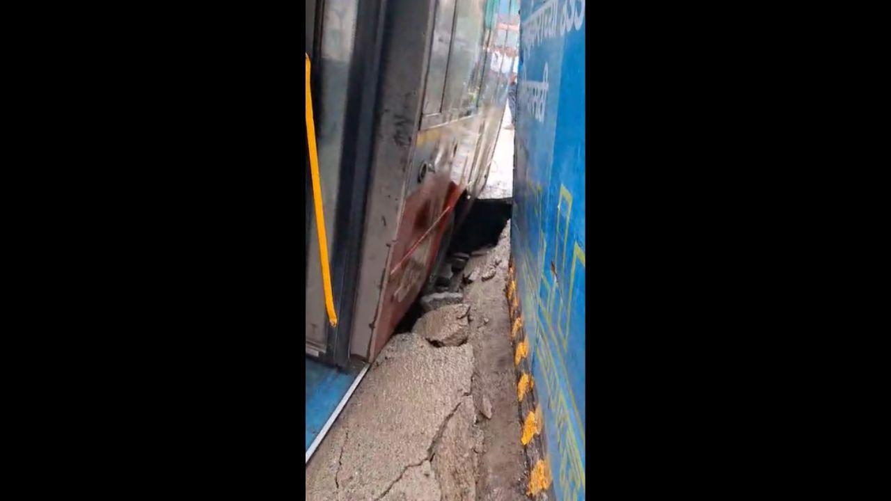 Mumbai: Road caves in at Girgaon, BEST bus wheel gets stuck