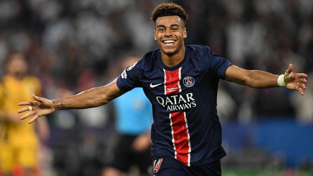 Paris Saint-Germain`s French midfielder Desire Doue celebrates after scoring PSG`s third goal during the UEFA Champions League final football match between Paris Saint-Germain (PSG) and Inter Milan in Munich, southern Germany. Pic/AFP