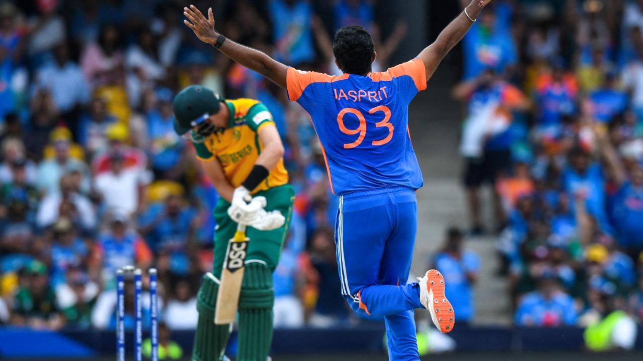 2024 T20 World Cup final vs India
Chasing 177, Heinrich Klaasen's 52 off 27 brought them to the brink. With 30 needed off 28, the trophy seemed destined. But after his dismissal, the innings unraveled. With 16 needed off the final over, Miller’s big shot found Suryakumar Yadav’s safe hands. India triumphed by 7 runs.
Photo: India's Jasprit Bumrah (C) celebrates after South Africa's Marco Jansen (L) is clean bowled during the T20 World Cup 2024 final cricket match between India and South Africa