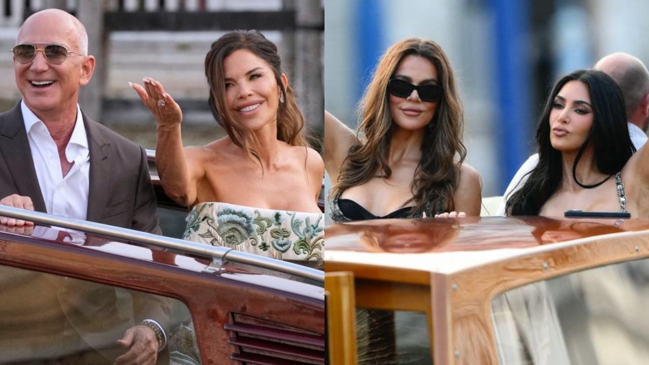 Jeff Bezos with wife-to-be Lauren Sanchez, Khloe Kardashian with Kim Kardashian. pics/X