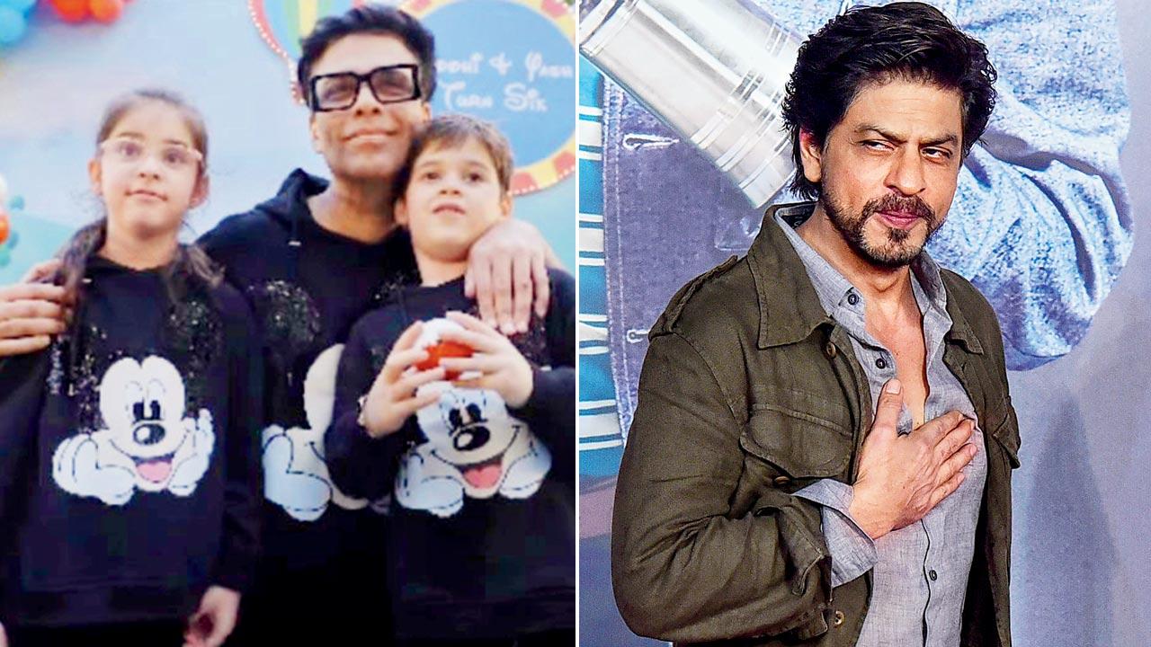 (Clockwise) Karan Johar with kids Yash and Roohi; (right) Shah Rukh Khan. Pics/AFP, Instagram, X