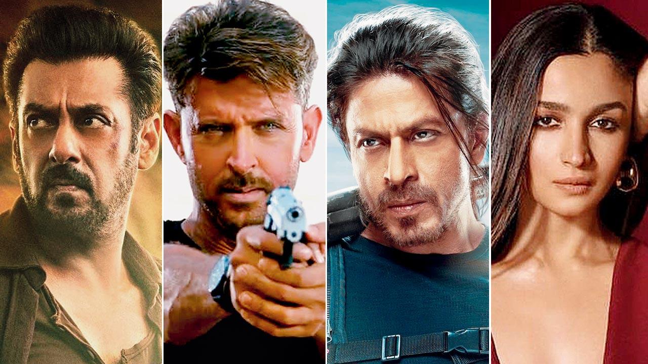 (L to R) Salman Khan’s Tiger, Hrithik Roshan’s War, Shah Rukh Khan’s Pathaan,  and Alia Bhatt’s Alpha are part of the ever-expanding universe. Pics/Instagram