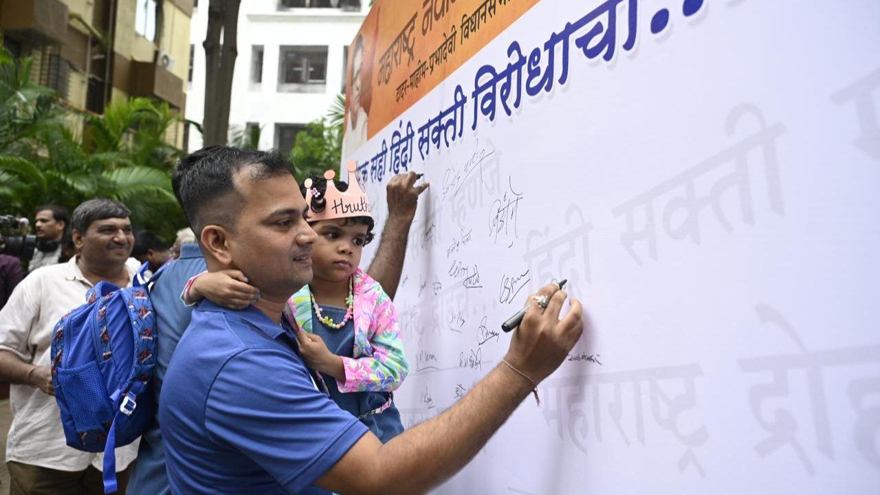 Parents and students sign petition board as MNS opposes Hindi mandate in state