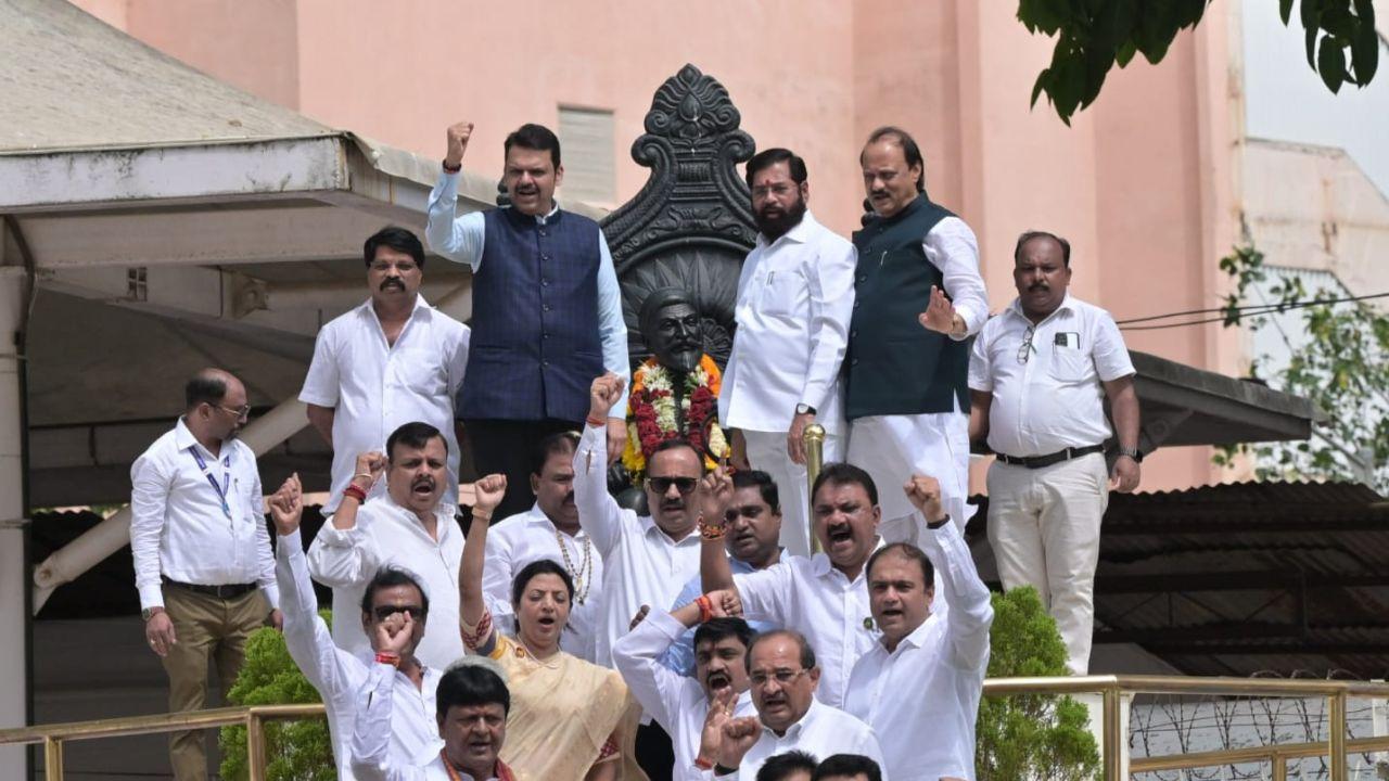 On the first day of the Maharashtra Legislature’s Monsoon Session, Chief Minister Devendra Fadnavis, Deputy Chief Ministers Eknath Shinde and Ajit Pawar, along with several cabinet ministers and legislators, gathered at the Vidhan Bhavan in Mumbai