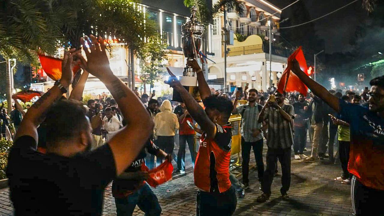 Streets of Bengaluru erupted in celebration when the winning run was scored, marking the end of a long and emotional wait for RCB fans who supported the team through years of near-misses and heartbreaks. Pic/ PTI