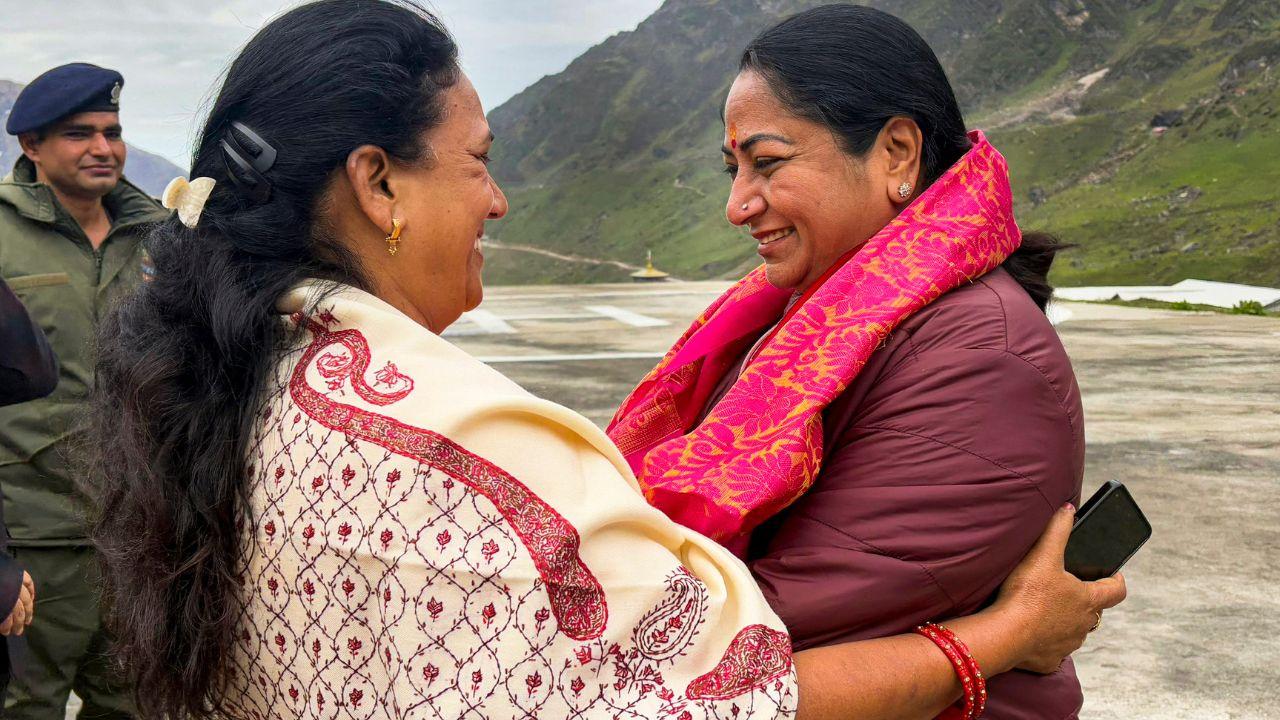 Delhi Chief Minister Rekha Gupta was welcomed by Kedarnath MLA Asha Nautiyal during the former's visit to the Kedarnath temple, in Rudraprayag