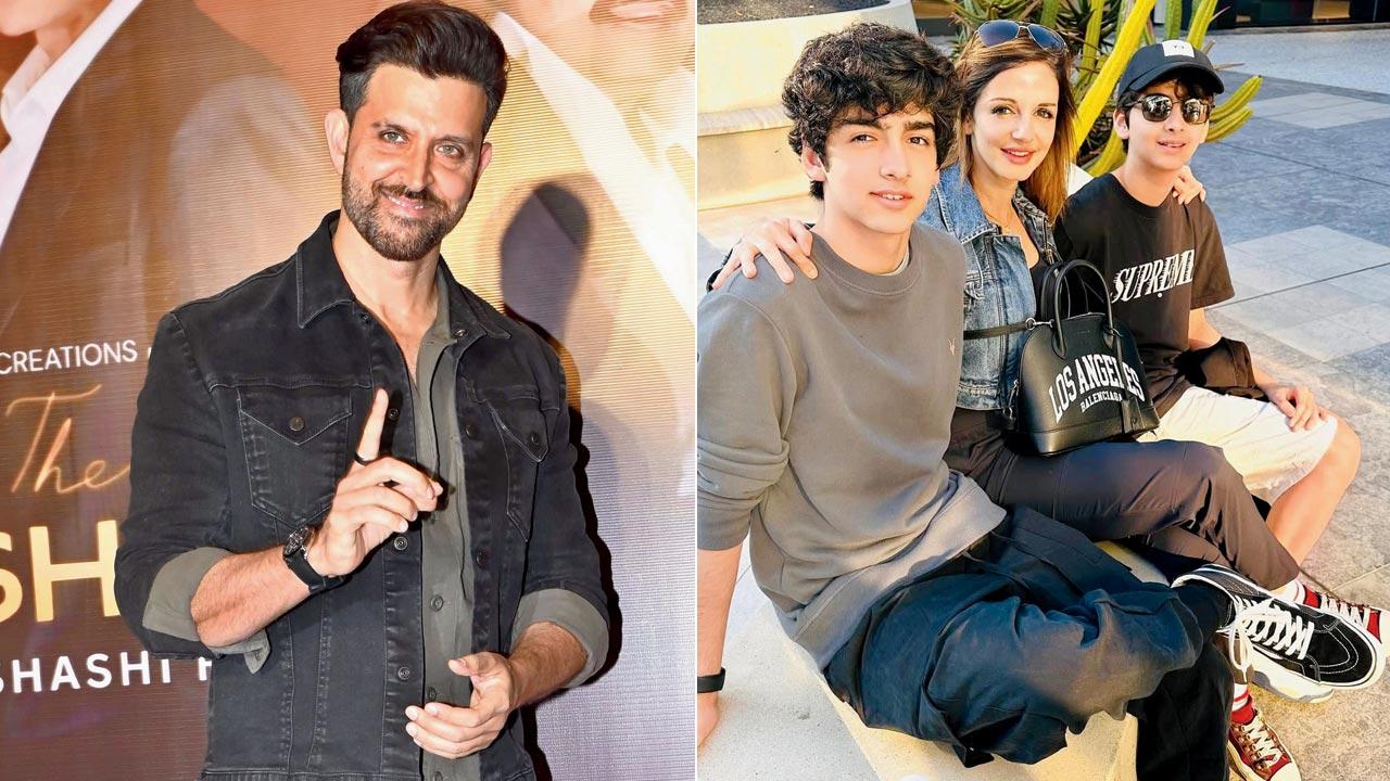 Hrithik Roshan; (right) Sussanne Khan with her sons Hrehaan (L) and Hridaan