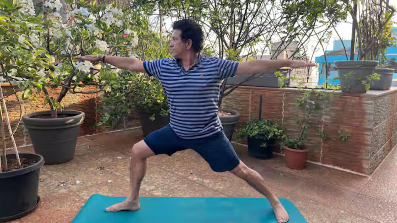 Master blaster Sachin Tendulkar is captured in the Warrior II (Virabhadrasana II) pose