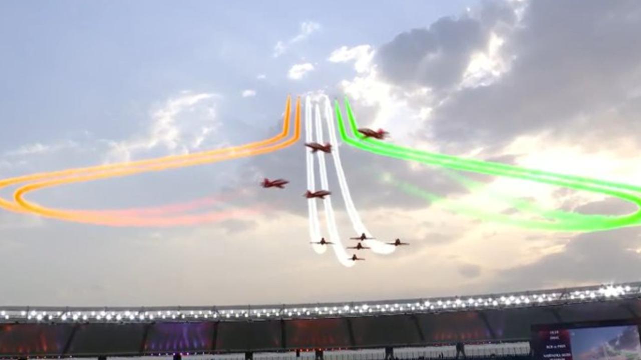 Aircraft were also seen releasing tri-colour smoke trails as a tribute to the Indian Armed Forces for the success of 'Operation Sindoor' (Pic: X/@CricCrazyJohns)