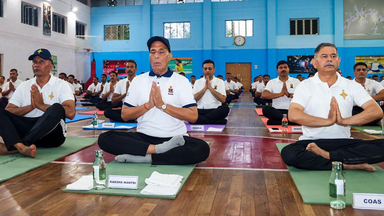 Defence Minister Rajnath Singh participated in a yoga session held in Udhampur, Jammu and Kashmir, on Saturday to mark International Yoga Day