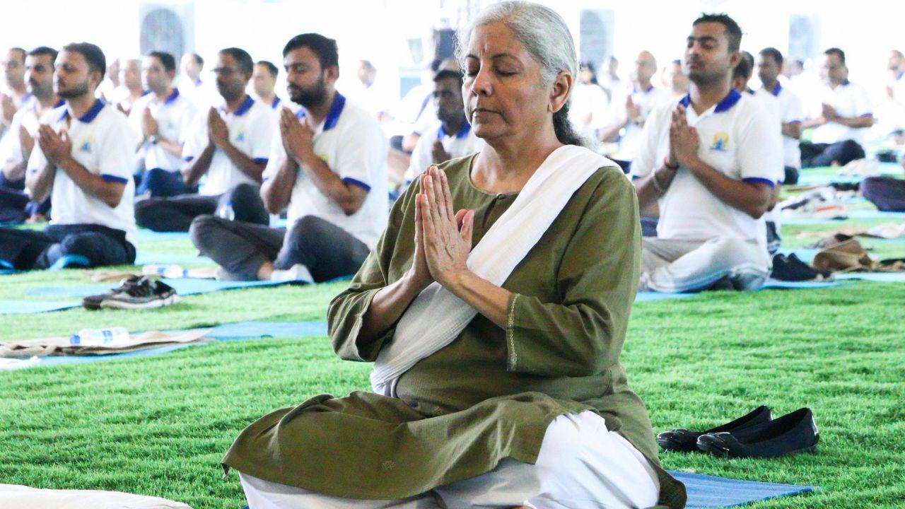 Union Finance Minister Nirmala Sitharaman participated in a yoga session at the Arun Jaitley National Institute of Financial Management in Faridabad