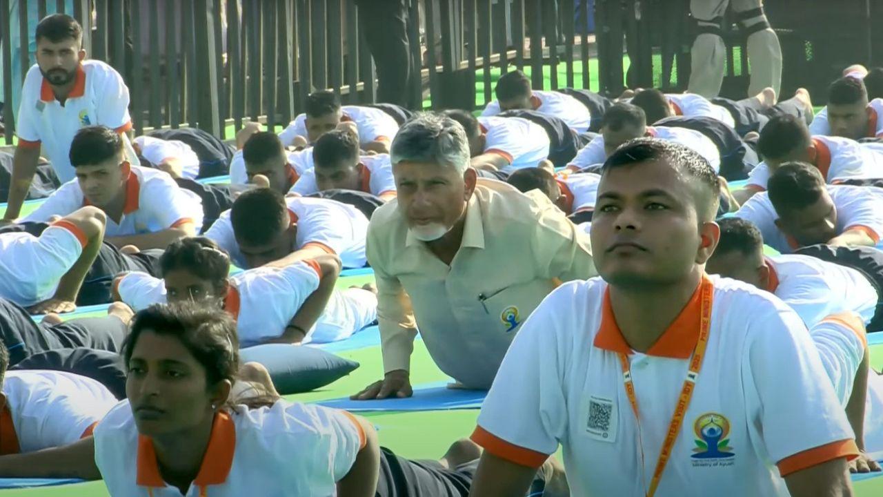 Andhra Pradesh Chief Minister N. Chandrababu Naidu joins a yoga session in Visakhapatnam to celebrate the 11th International Day of Yoga