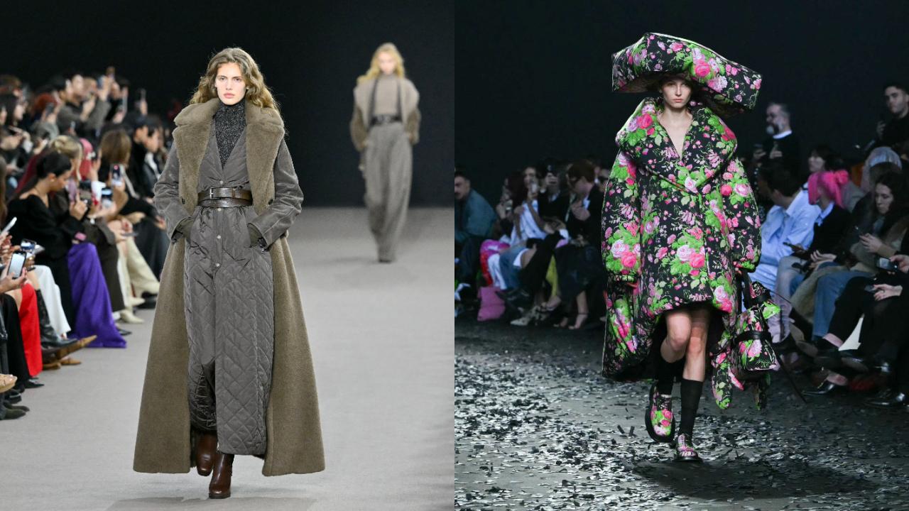 Max Mara produced a floor-length belted coat in matelasse style (left), and Moschino took the matelasse brief literally with a humorous interpretation, featuring models wearing large padded quilts as coats and pillows instead of hats (right).