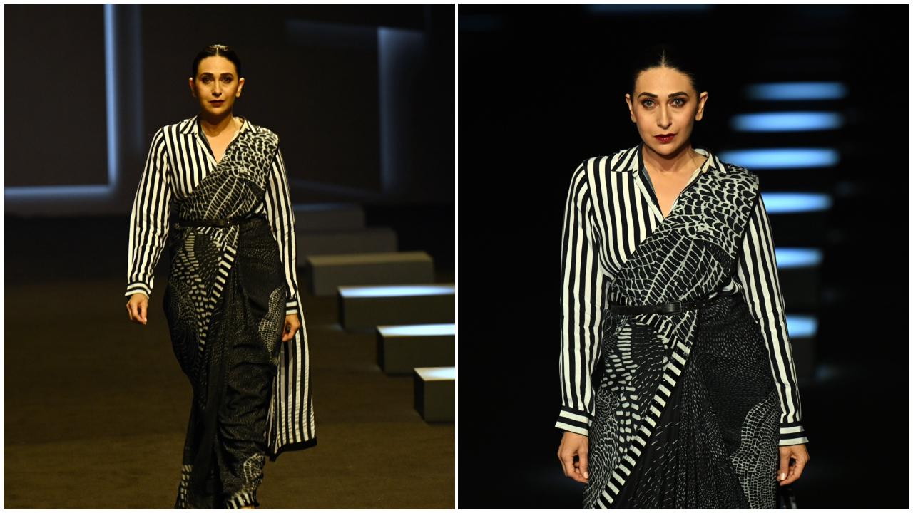 Bollywood star Karisma Kapoor turned showstopper for Satya Paul. She looked elegant in a monochrome belted sari.