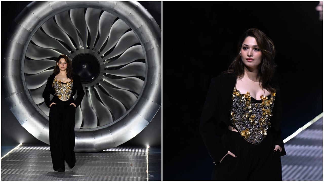 Actor Tamannaah Bhatia opened the show, donning an embellished corset teamed with black flared pants and cropped blazer. Her hair were left open, styled with a wavy finish.