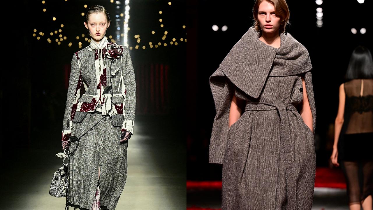 Grey also played a central role in the collection of Antonio Marras, in prince of Wales suits, tartan and tennis stripes, always worn in a tailored style in both men and women's fashion (left). The same went for Ferragamo, who used grey in large double-buttoned coats, worn over long silk dresses (right). 