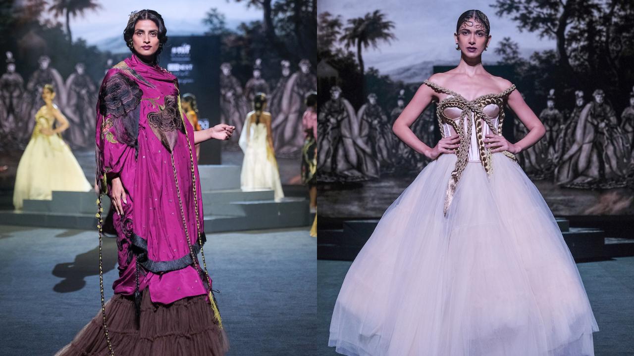 Yash Patil, a graduate of knitwear design from NIFT Bengaluru, presented creations from his label ‘That Antiquepiece’. The outfits featured intricate handwork and embellishments. The collection was inspired by the archival photographs of the Rana queens of Nepal from 1870 to 1950.
