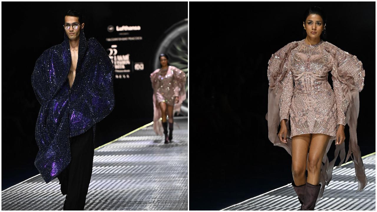 Surface texturing like intricate embroidery and metallic embellishments, and beaded and sculpted cut-outs brought Falguni Shane Peacock’s signature high octane glamour onto the silhouettes.