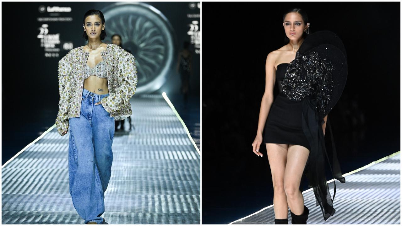 Cropped jackets, power-shoulder minis and body suits commanded attention and the designer duo’s trademark feathers appeared on overcoats and embellished gowns, adding drama to the line-up.