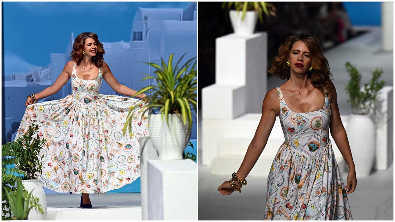 Kalki Koechlin turned showstopper, donning a white, flared, printed summer dress. “These collections are not just about fashion—they’re a celebration of living freely, confidently, and with boldness. Fashion is no longer about unattainable aspirations, but about embracing your true self, wherever you are,” she said in a statement. (Pic: Satej Shinde)