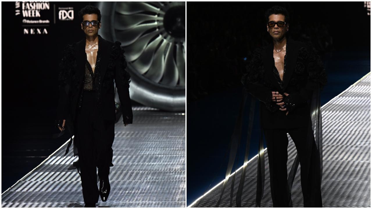 Karan Johar turned heads as he walked the ramp as the showstopper. Embodying style and elegance, he donned a sheer black shirt, black trousers and matching jacket embellished with 3D rosettes on the shoulders and multiple fabric streamers. Black-rimmed glasses, earrings and black painted nails added more dramatic flair to the look.