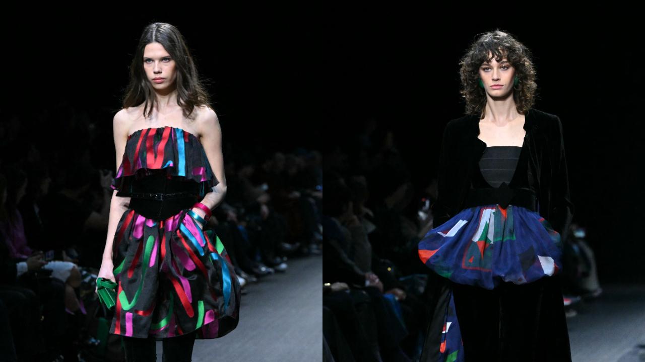 Emporio Armani's looks also featured Japanese Obi belts, or belts made from velour with geometric buckles.
