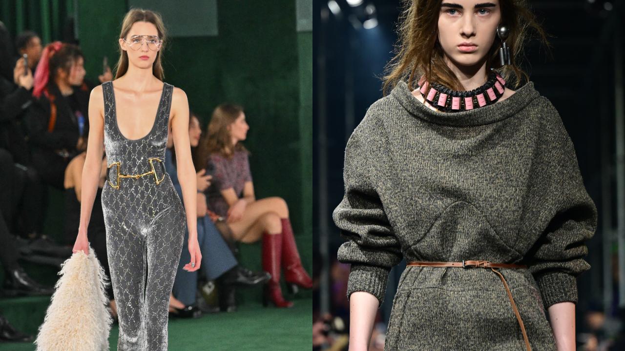 At Gucci, the fashion house's symbolic horsebit was featured in a metallic belt (left). In Prada's collection, thin belts created unexpected volume on oversize coats (right). 