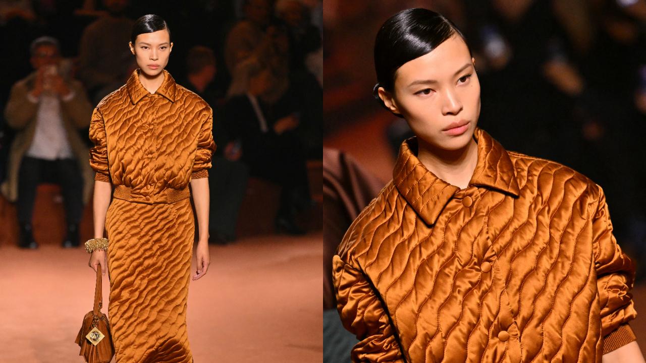 Matelasse
The matelasse style was also very visible on the podiums at Milan on coats, jackets and sometimes skirts.  Fendi featured a matelasse ensemble comprised of a flared skirt and small hyper-detailed golden ochre blouse that combined style and comfort. 