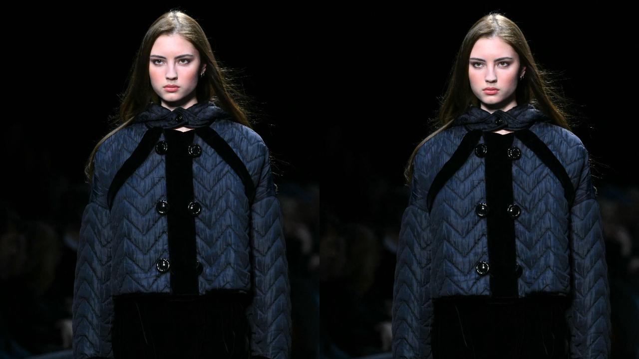 Emporio Armani showed off the trend in short matelasse jackets with herringbone patterns, brightened up with velour details. 