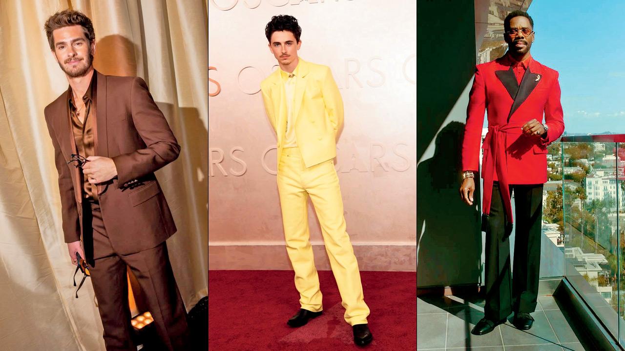 Andrew Garfield in an espresso suit, Timothee Chalamet sports a monotone outfit and Colman Domingo’s all-red look