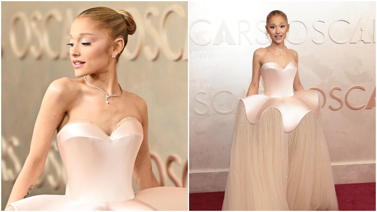 Ariana Grande arrived at the Dolby Theatre wearing a flared-out nude corset with pale tulle netting attached. The superstar singer and her stylist Mimi Cuttrell selected a blush pink Schiaparelli Spring/Summer 2025 Haute Couture strapless bustier gown with a bodice that extended into a sculptural peplum waist. The design also featured a voluminous nude-coloured skirt covered in more than 190,000 sequins and rhinestones that complemented the sparkle of her blingy necklace, as per People. According to the brand, the gown is enhanced with a clam basque inspired by an Alberto Giacometti lamp from the Maison archive