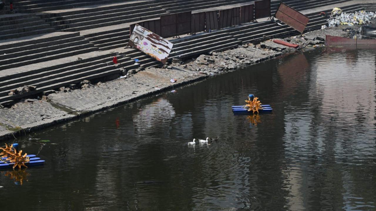 Banganga Tank's water level on Wednesday was significantly low due to ongoing silt removal and revival work