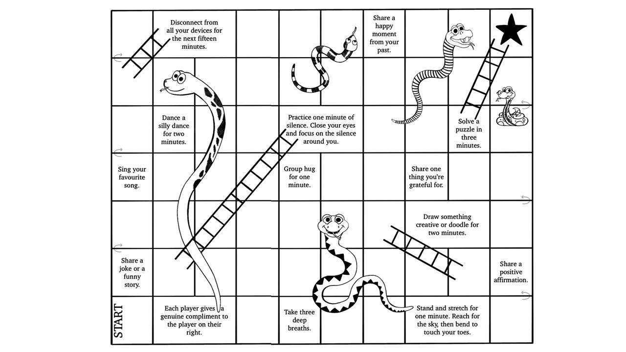 Calm Trails: Pick a token, roll the die, and set out on a stress-busting adventure. Landed on a de-stress activity? Chill out and have some fun. If you land on the same square as another player, enjoy the activity together. The first player past the star square wins