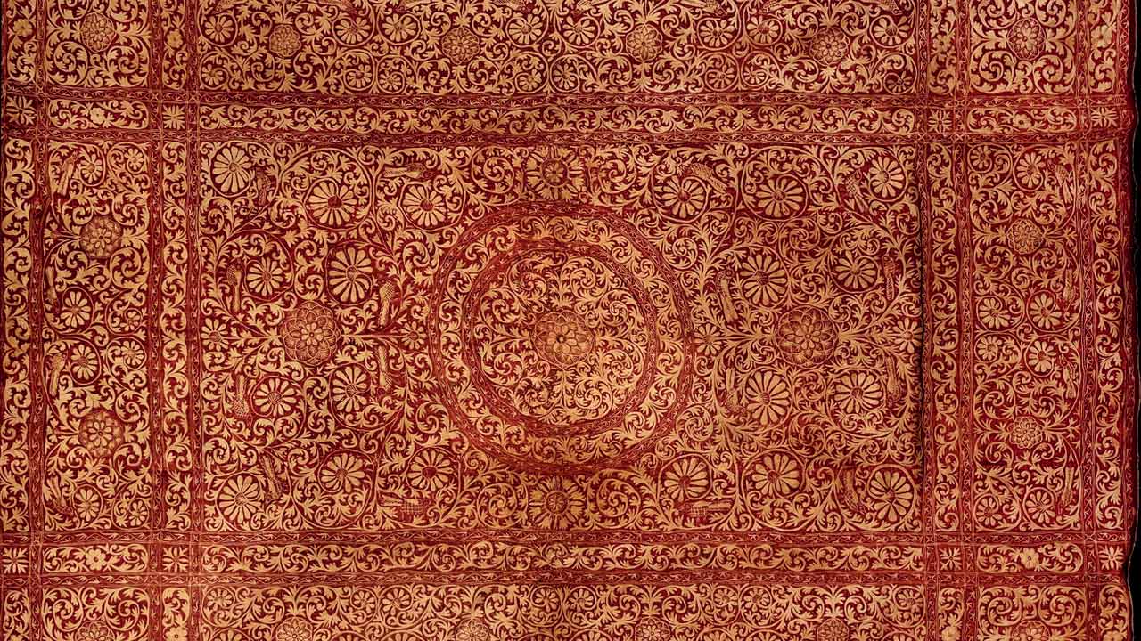 Wall hanging or spread (colcha), cotton and silk, plain weave with hand embroidery, made in Satgaon or Hughli, Bengal, for the Portuguese or Iberian market, late 17th - early 18th century. Collection: Museum of Art and Photography (MAP), Bengaluru