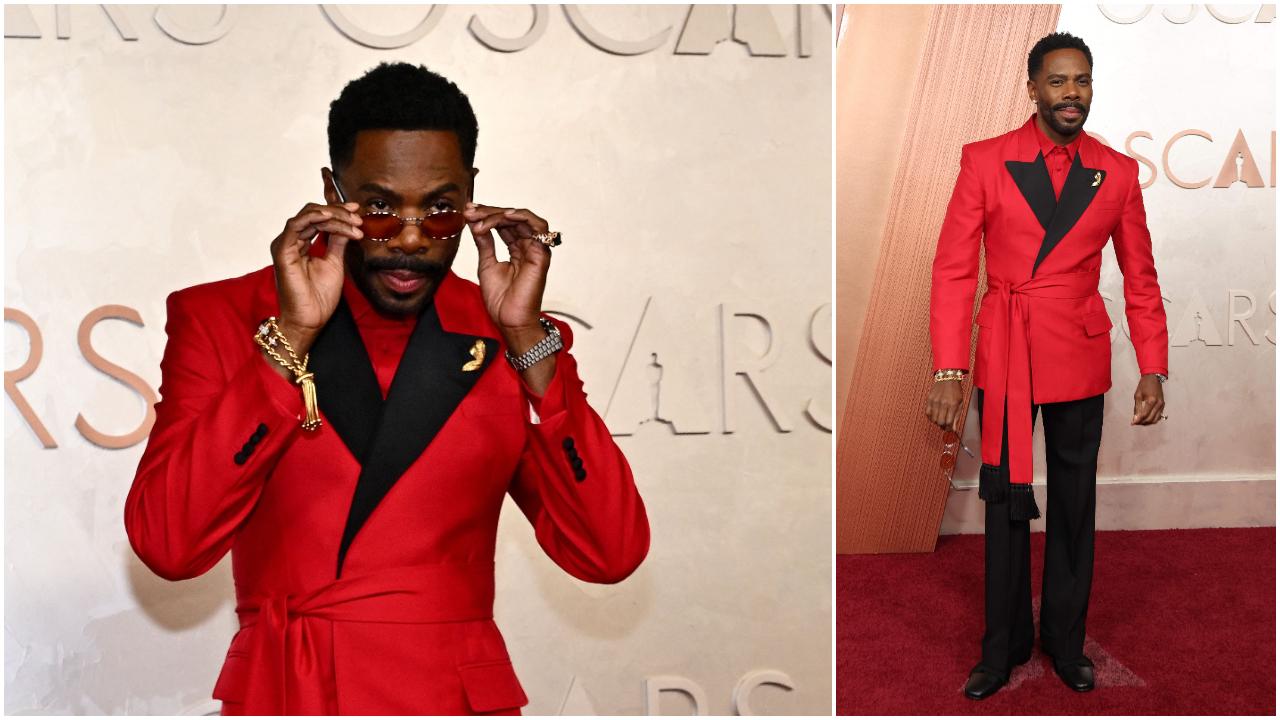 Celebrating colours, Colman Domingo took the red carpet by storm yet again as he came in a red and black ensemble - a bright red shirt and jacket, and a gold ribbon brooch, all which he paired with his red-tinted glasses