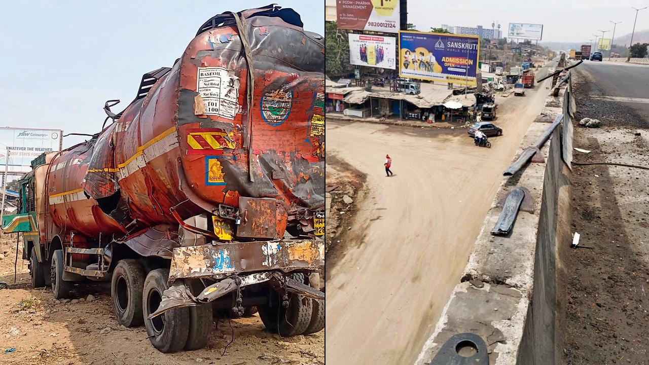 The damaged truck (right) The spot where the truck fell from