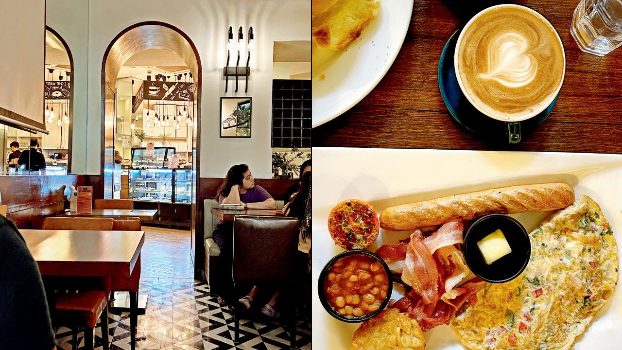 English breakfast with juicy bacon and eggs, and coffee!