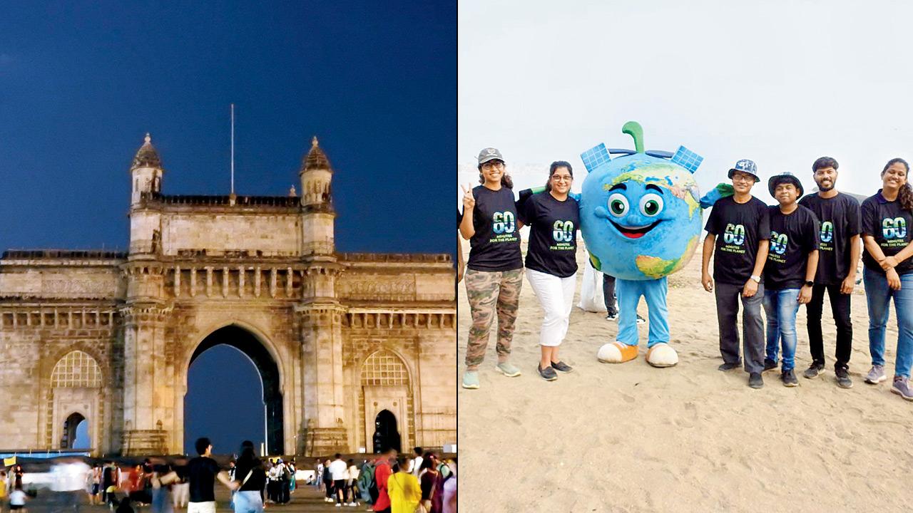 (From left) Gateway of India during the 2024 switch off; the campaign’s mascot, a cheerful planet Earth, joins a clean-up in the city. PICs COURTESY/WWF INDIA