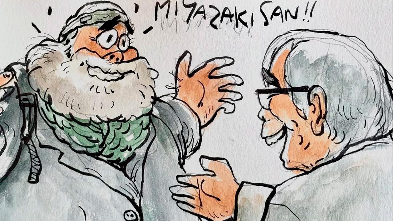 Suresh Eriyat’s illustration recalling the moment he met the filmmaker Hayao Miyazaki at his Studio Ghibli premises. Illustrations Courtesy/Suresh Eriyat