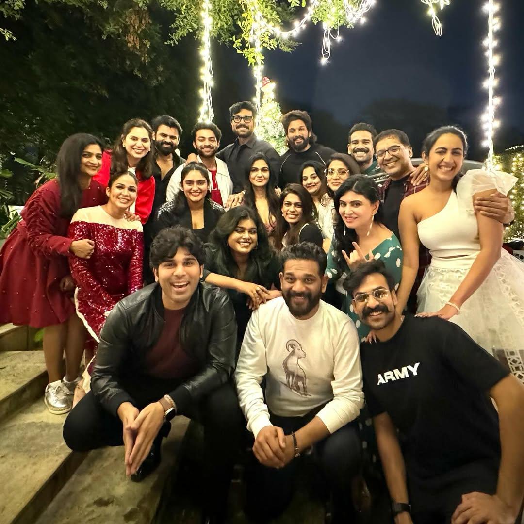 Another family get-together. Ram Charan often shares pictures from happy get-togethers. This picture has Ram Charan, Allu Arjun, and their wives with their friends and family members.