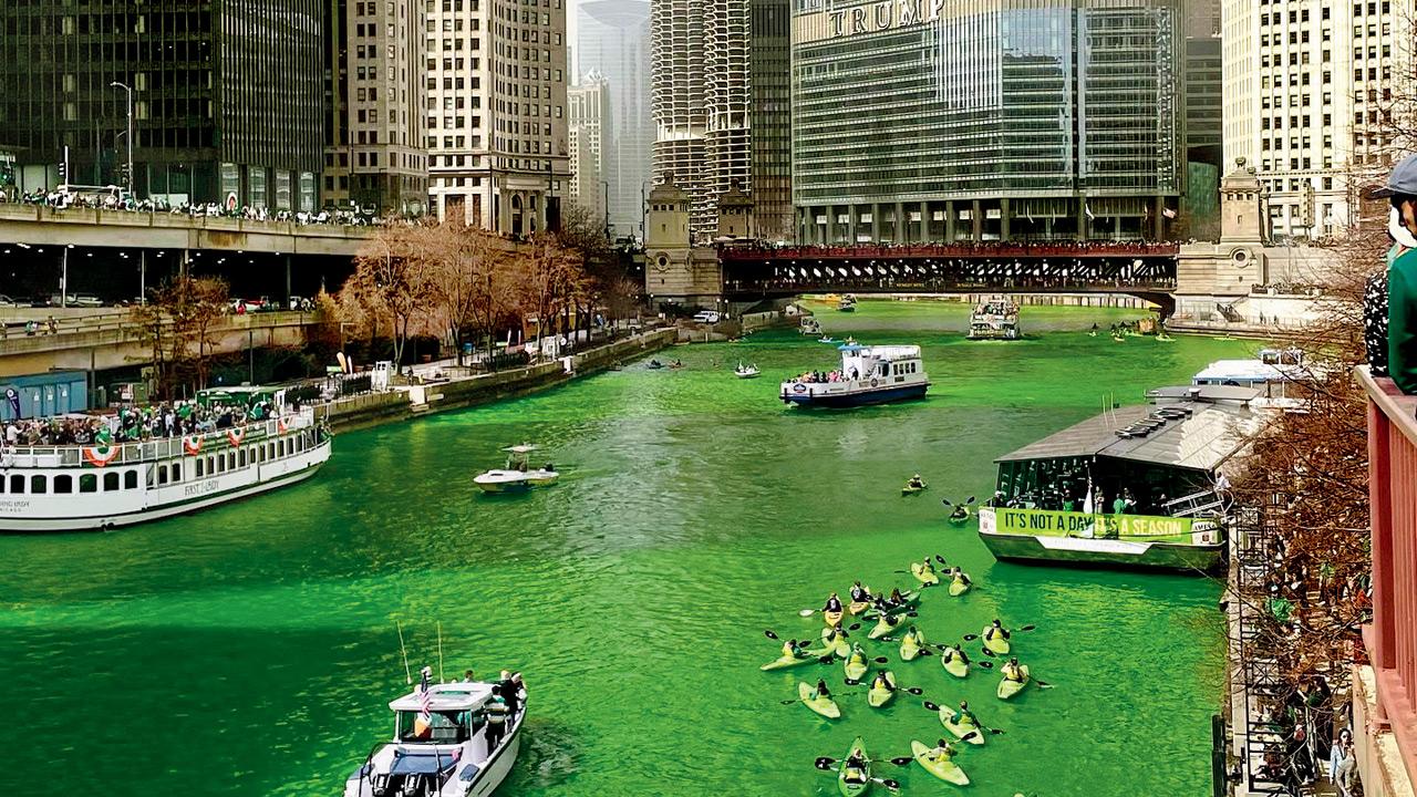 The Chicago River is dyed green as part St. Patrick’s Day festivities. Pic/instagram@ themagmile