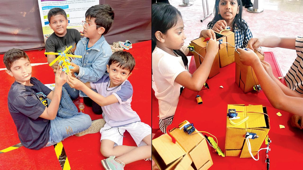 A completed helicopter model from a previous session (right) participants build a sensor-based smart dustbin