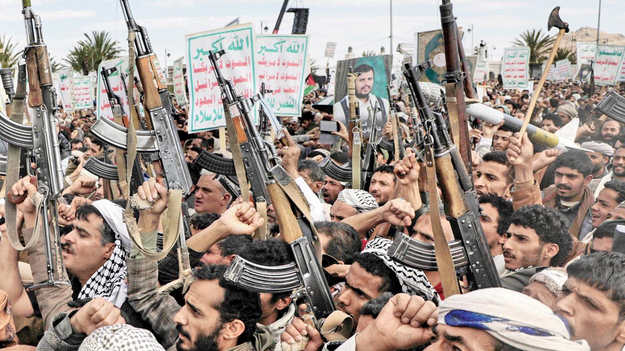 Houthi supporters chant slogans during an anti-US and anti-Israel rally in Sanaa, Yemen, on Monday. PIC/AFP 